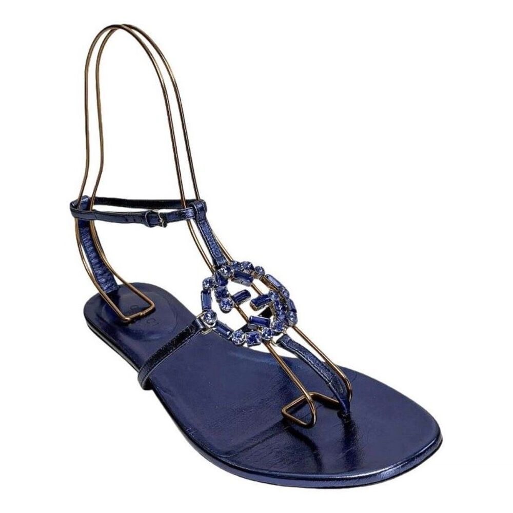 Gucci Crystal GG Flat T-Strap Sandals EU 37 US 7 Blue Metallic Interlocking G